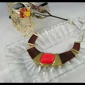 Retro Necklace W/ Gold Trim Wood Accent & Bright C